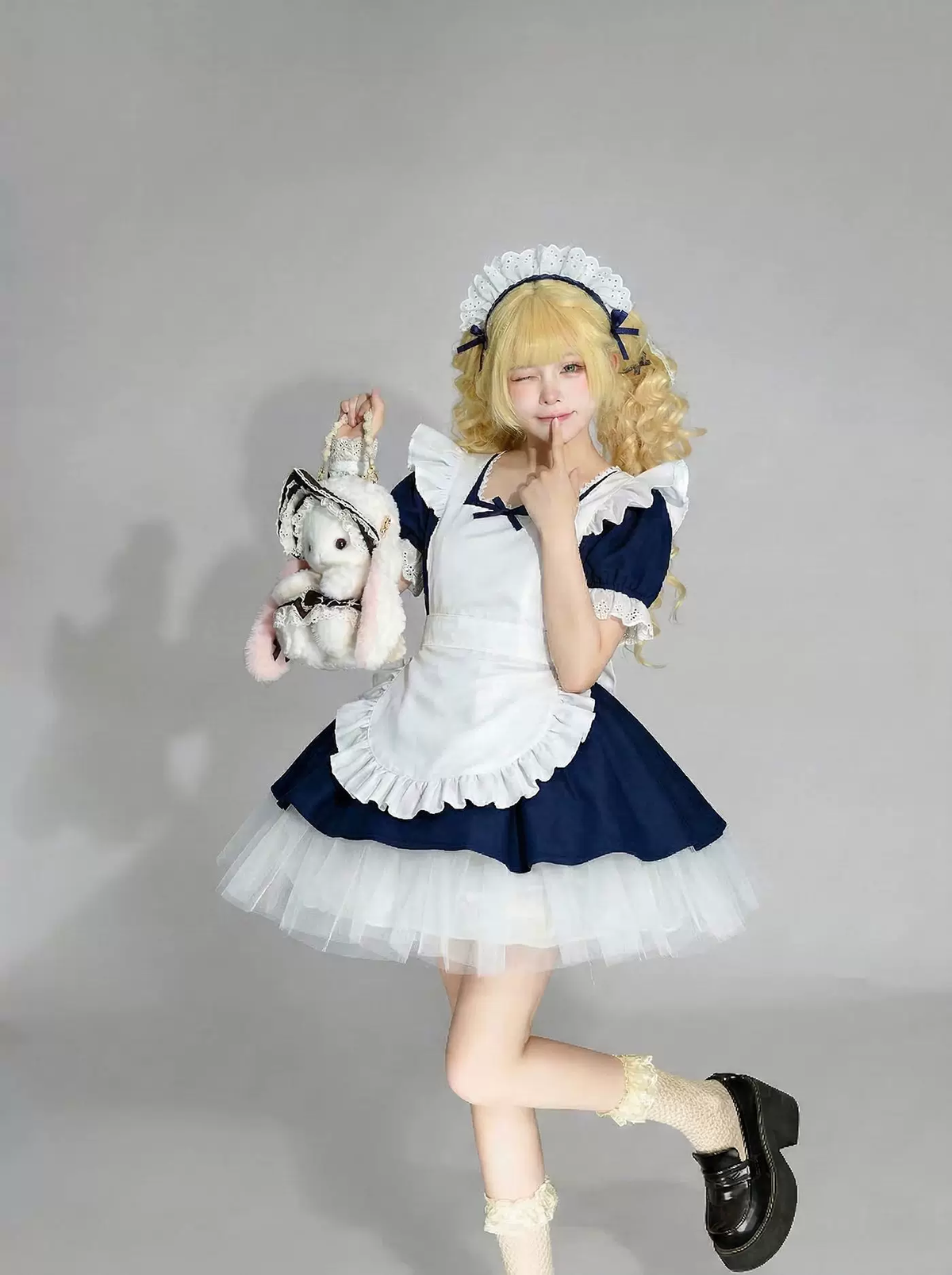 Navy Blue and White Lace Maid Lolita Dress Set with Bows