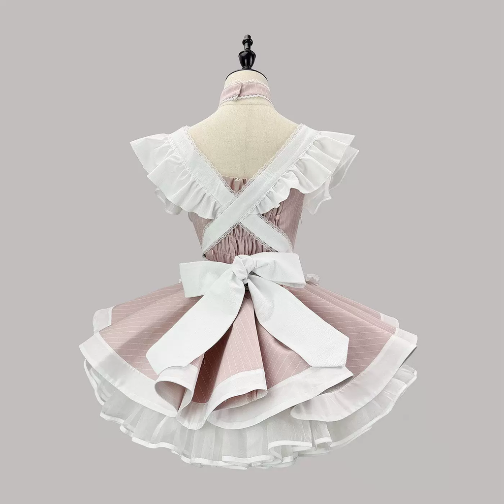 Sweet Maid Lolita Short Sleeve OP Dress Set with High-Waist Heart Buckle Belt and Fitted Waistband