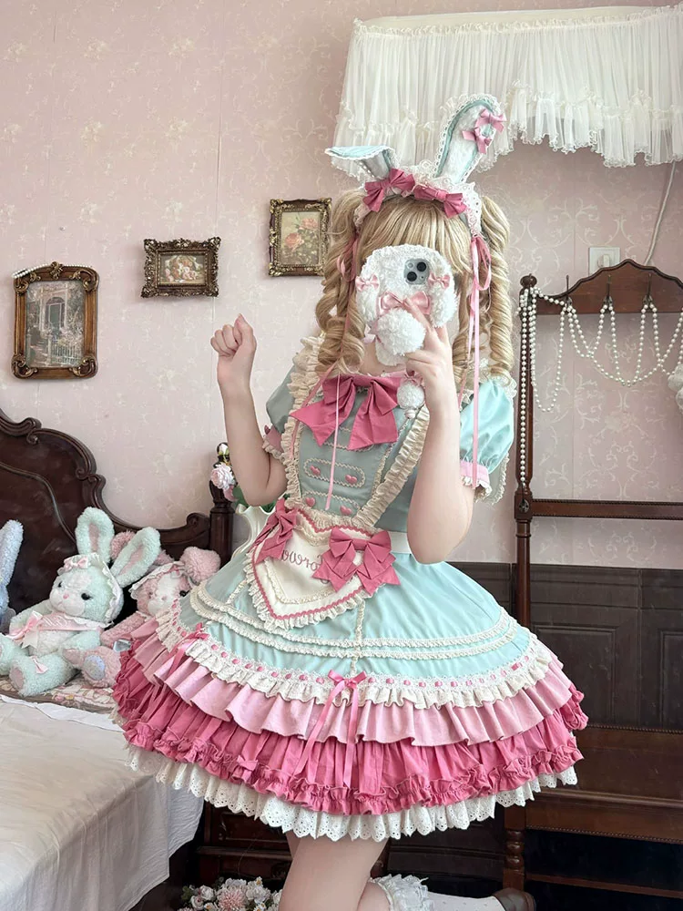 Mint Green and Pink Ruffled Maid Lolita Dress with Apron Bow Accent