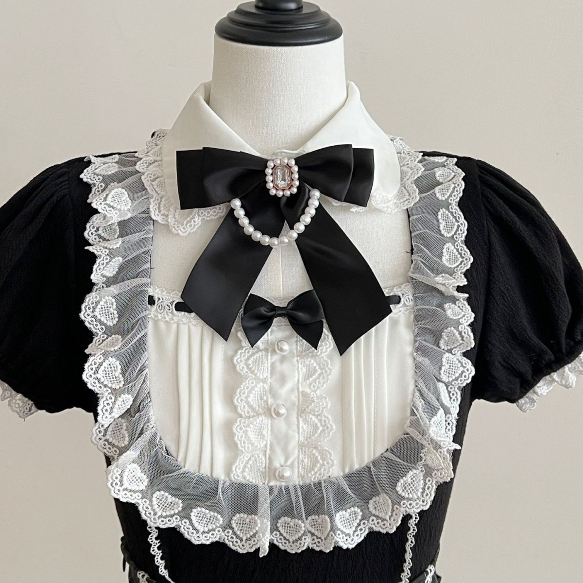 Black Plaid Ruffled Maid Lolita Dress with Apron Bow Accent