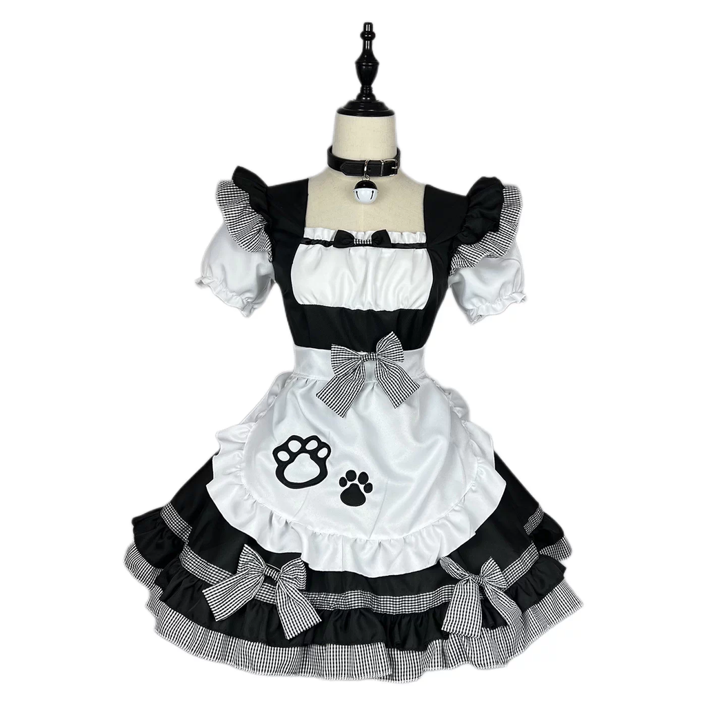 Sweet Maid Lolita Short Sleeve OP Dress Set with Cat Paw Patch Apron and Plaid Bow Accents