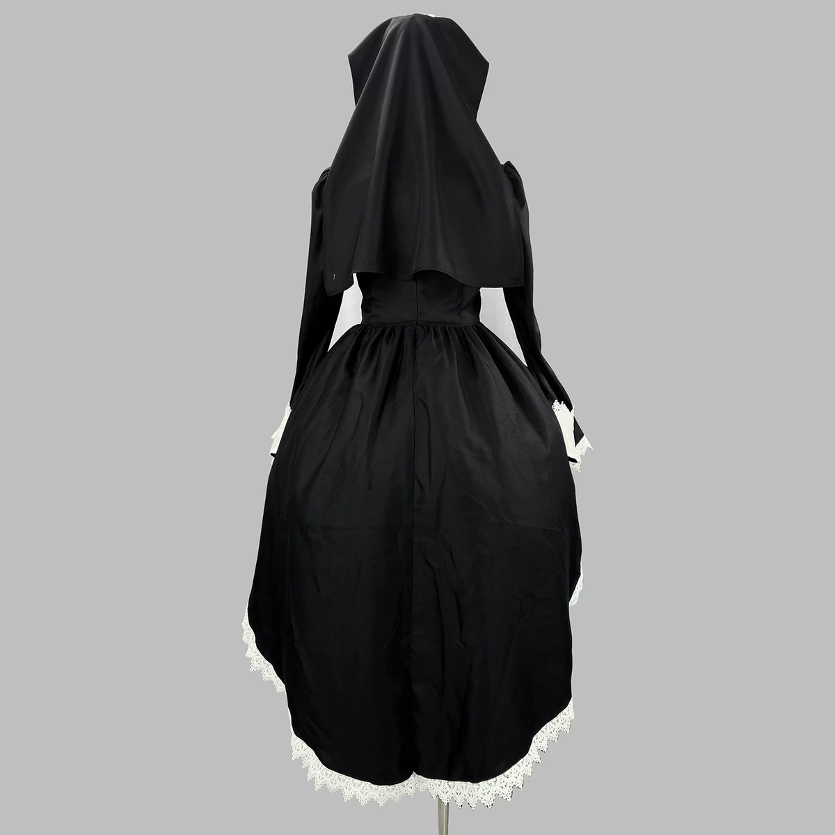 Gothic Nun Lolita Long Sleeve OP Dress with Cross Embroidery and High-Low Hem