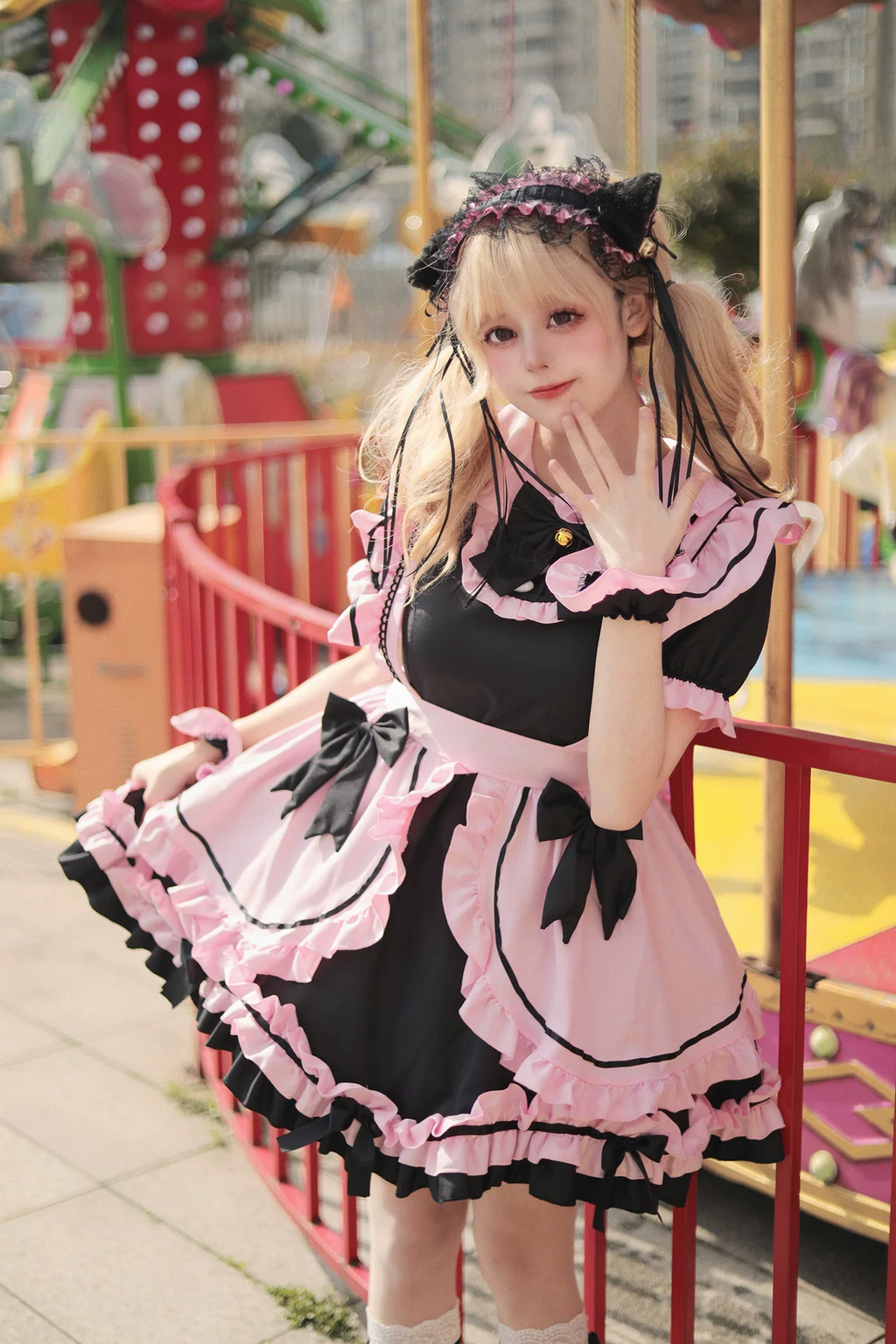 Sweet Maid Lolita Short Sleeve OP Dress Set with Stand Collar and Bell Bow Accent