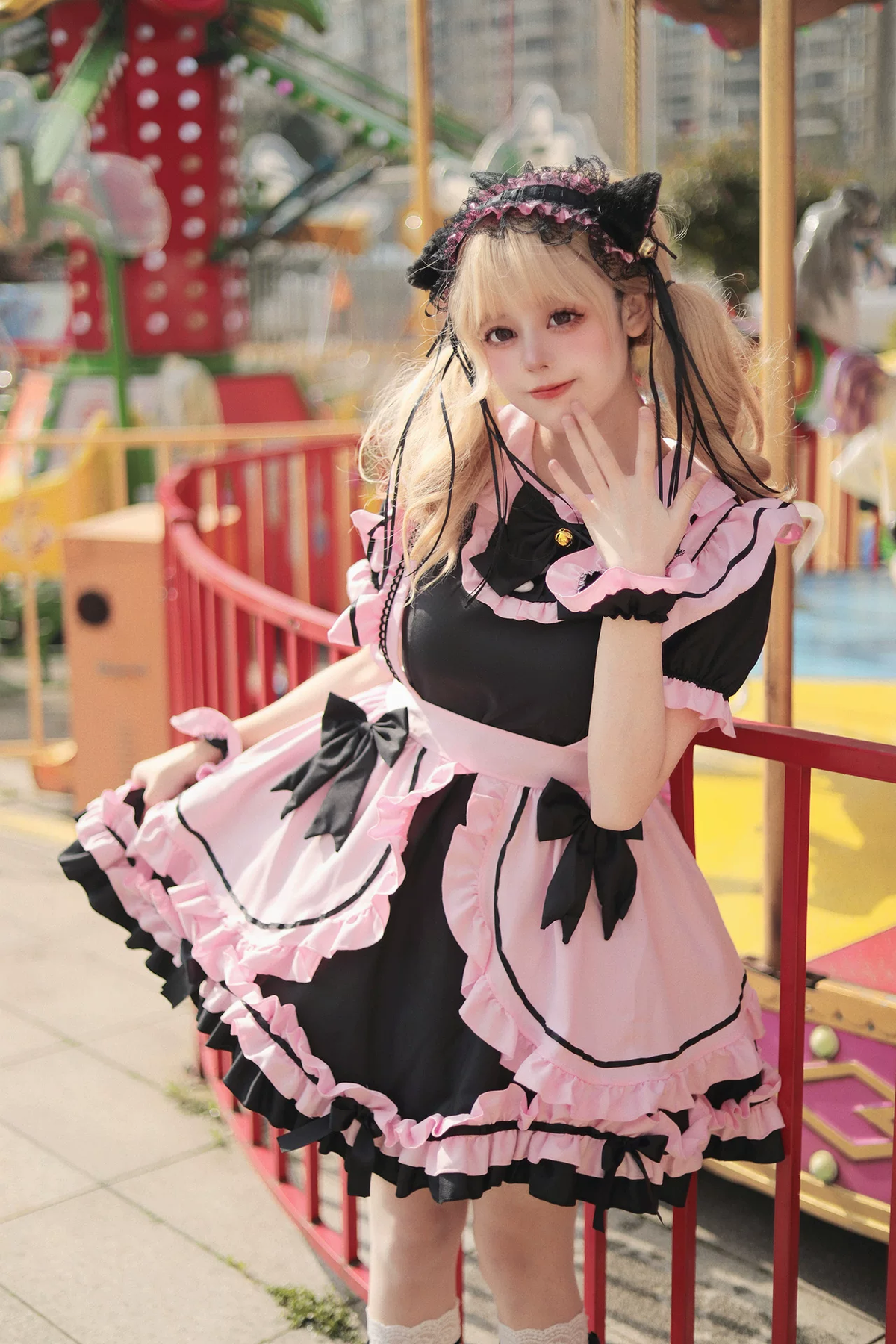 Sweet Maid Lolita Short Sleeve OP Dress Set with Stand Collar and Bell Bow Accent