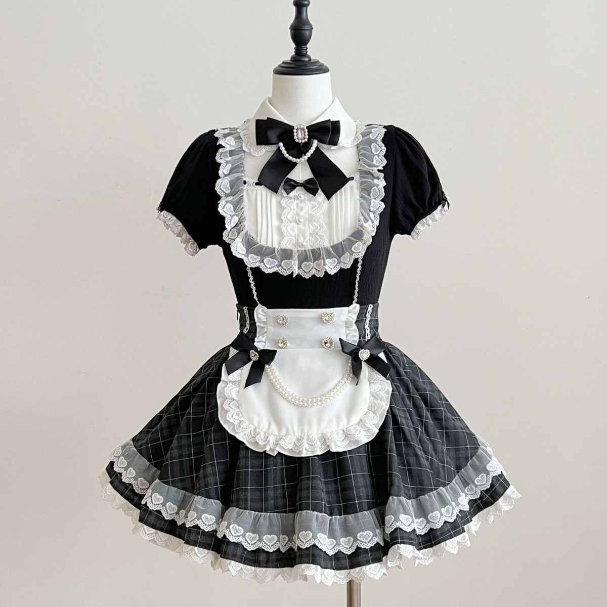 Black Plaid Ruffled Maid Lolita Dress with Apron Bow Accent