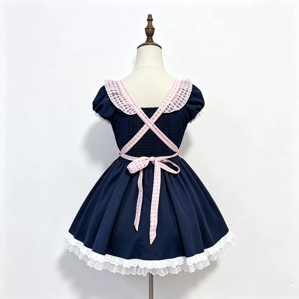 Sweet Maid Lolita Short Sleeve OP Dress Set with Gingham Collar and Heart Pocket Apron