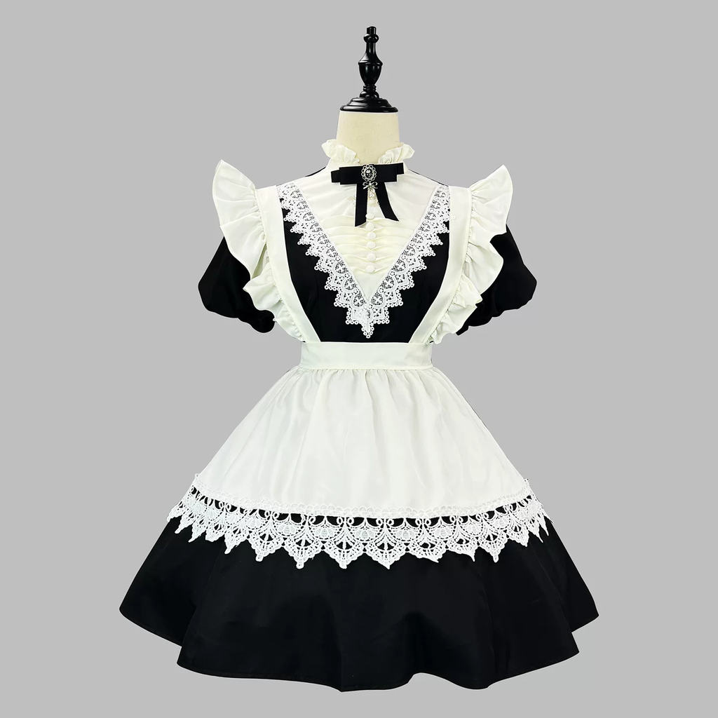 Classic Maid Lolita Short Sleeve Long OP Dress Set with V-Neck Lace Yoke and Pointed Apron