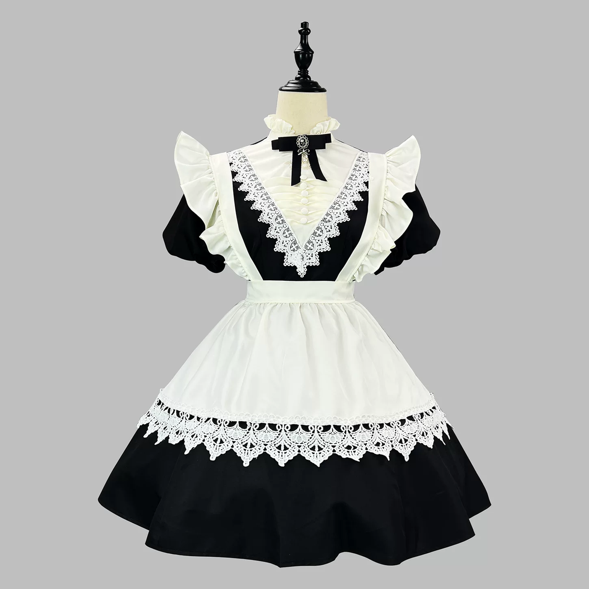 Classic Maid Lolita Short Sleeve Long OP Dress Set with V-Neck Lace Yoke and Pointed Apron