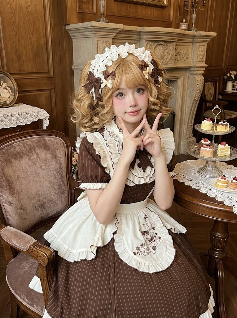 Brown Striped Lolita Dress with Apron and Bow